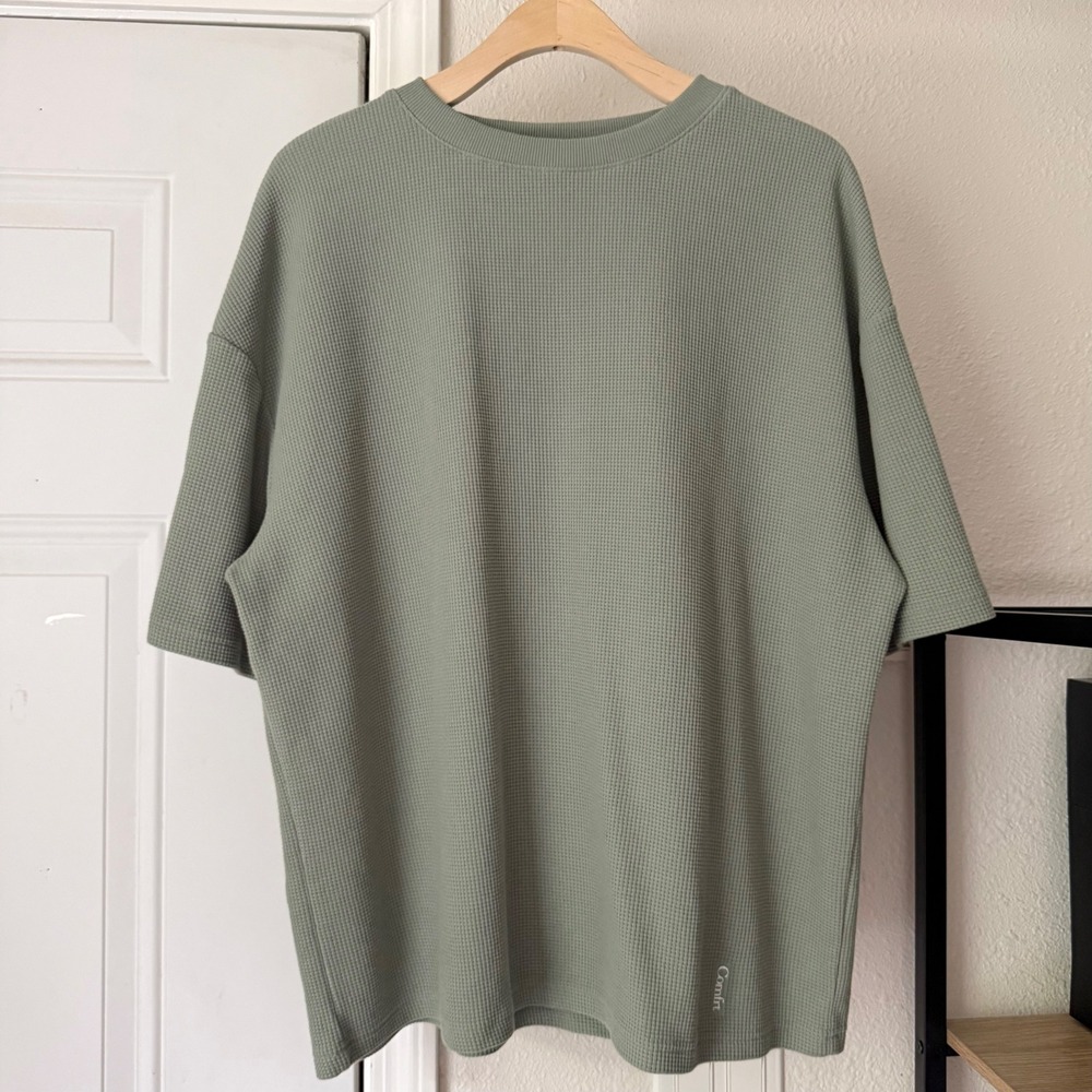 COMFRT Sage green men's crew neck oversized waffle knit thermal tee t-shirt